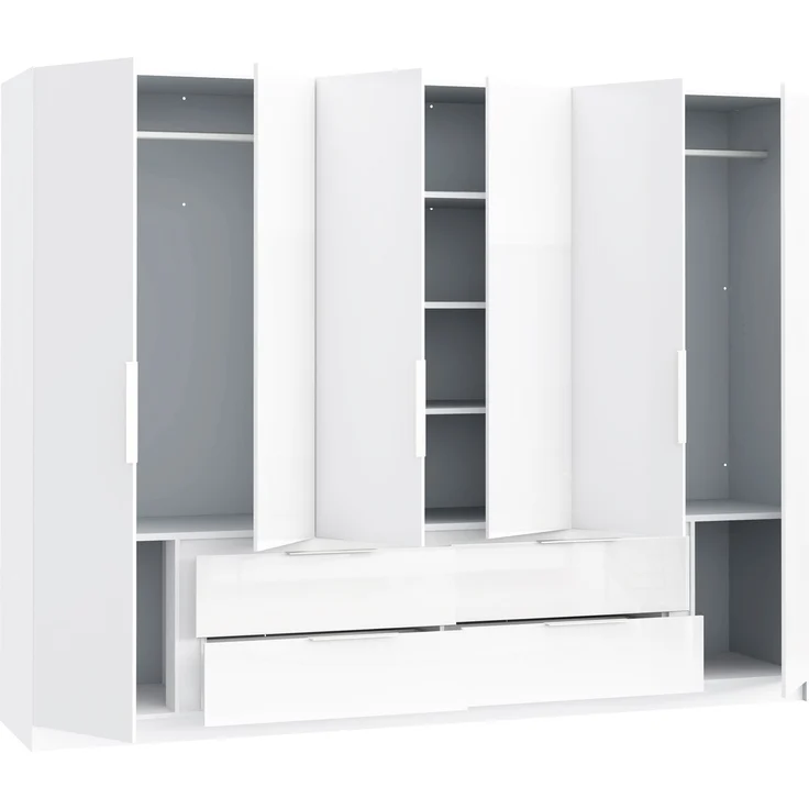 Drehtürenschrank >LUANO< 4 Schubladen, 6 Türen, Weiss / Weiss Glanz - 269,7x210,5x60cm (BxHxT) – Bild 3