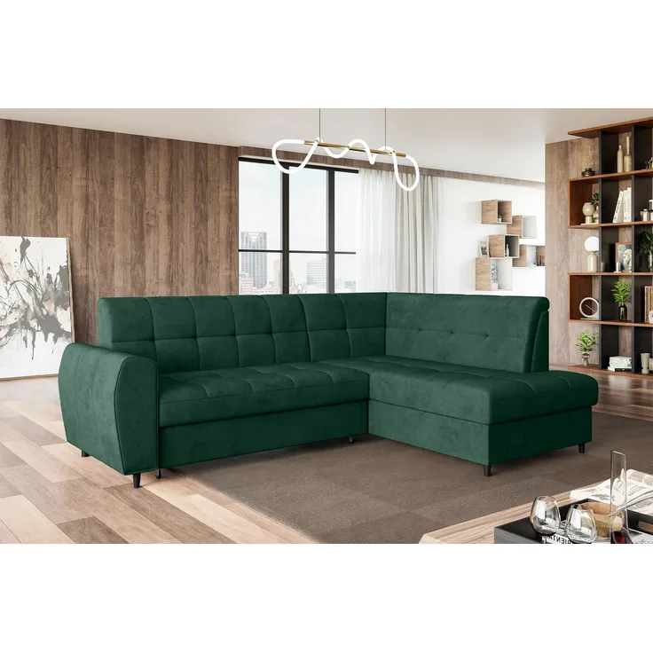 MEBLINI Schlafcouch mit Bettkasten - ASPEN - 236x171x85cm Rechts - Grün Samt - Kleines Ecksofa mit Schlaffunktion - Sofa mit Relaxfunktion - Kleine Couch L-Form - Eckcouch
