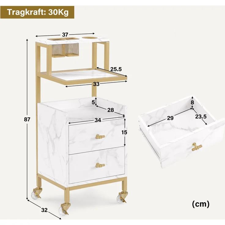 BarberPub Friseurwagen mit Rollen & 2 Schubladen, Rollwagen Servierwagen, Salon Trolley mit 2 Ablagen & Föhnhalter, Moderner Arbeitswagen für Bad Wohnzimmer, 32x37x87cm, Weiß-Gold, 0029 – Bild 3
