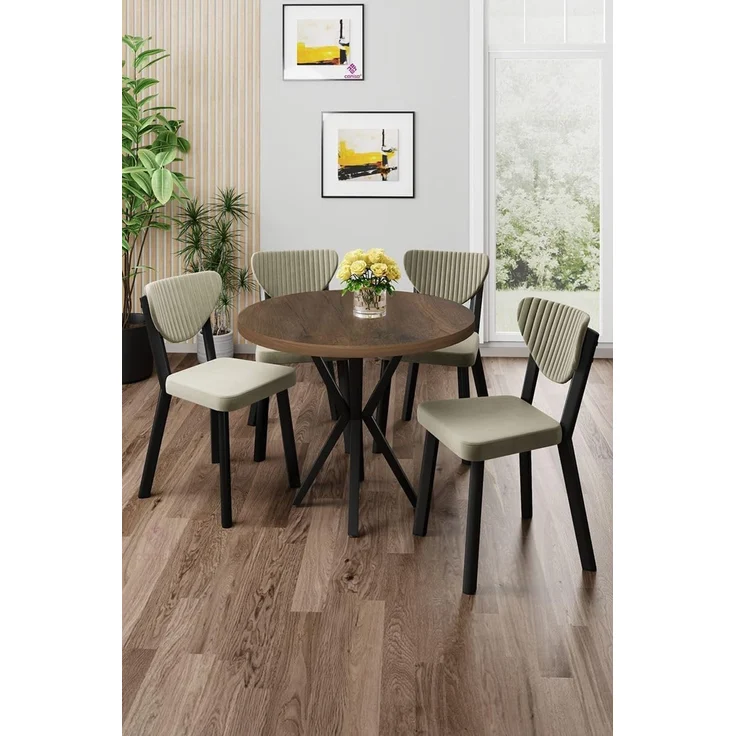 Modernes 5-teiliges Esszimmer-Set mit Tisch und Stühlen, Barockstil & Creme, 100% melaminbeschichtete Spanplatte, Metallbeine, stilvoll & langlebig – Bild 2