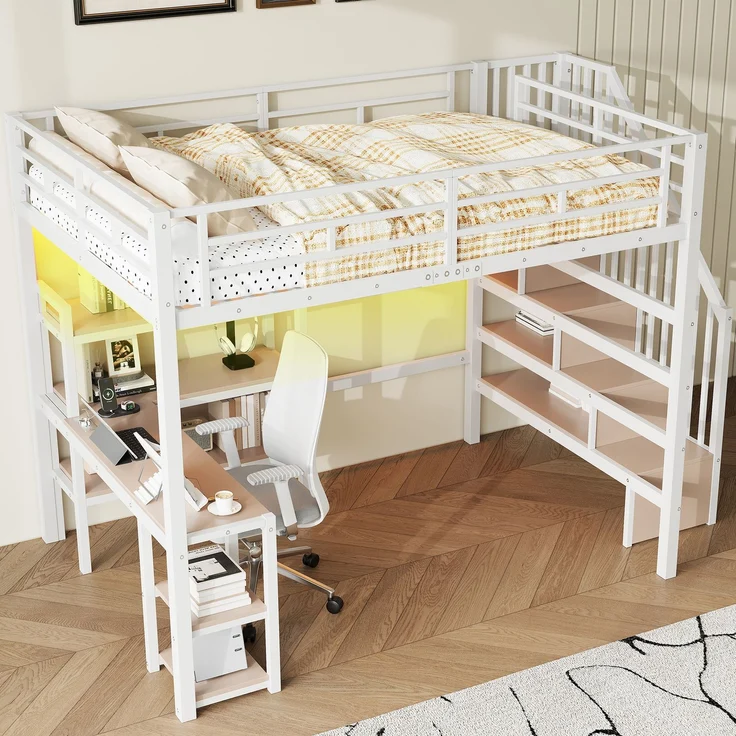 140x200 Metall-Hochbett mit Treppe, integriertem Schreibtisch, Staufächern, USB-Ladestation und LED-Licht, Weiß – Bild 2