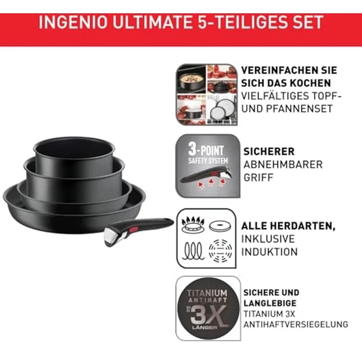 Tefal Topf-Set Ingenio Ultimate, Topf und Pfannenset abnehmbarer Griff, stapelbar, Aluminium (Set, 5-tlg, 2x Kasserollen Ø 16/20 cm, 2x Pannen Ø 22/28 cm, 1x abnehmbarer Griff), platzsparend, Pfannenset Induktion mit Antihaftversiegelung, L76495 – Bild 3