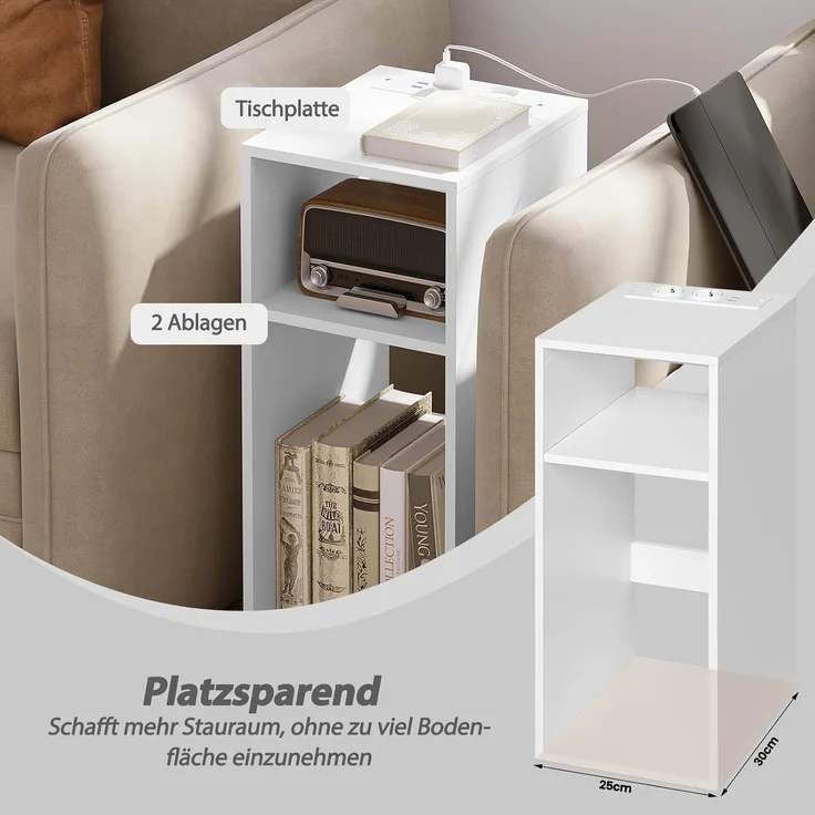 WOLTU 2er Set Nachttisch mit Ladefunktion, schmaler Kleiner Beistelltisch mit 2 Steckdosen 2 USB-Anschlüssen, Couchtisch mit Stauraum, 2 offene Fächer, 25 x 60 x 30 cm, für Schlafzimmer, Weiß, NTS06ws-2 – Bild 2