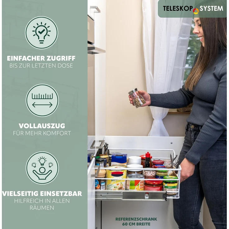 Teleskopschubladen 2er Set - für 50 cm Schrank mit Einlegeboden, aus Metall, (Weiß) – Bild 3