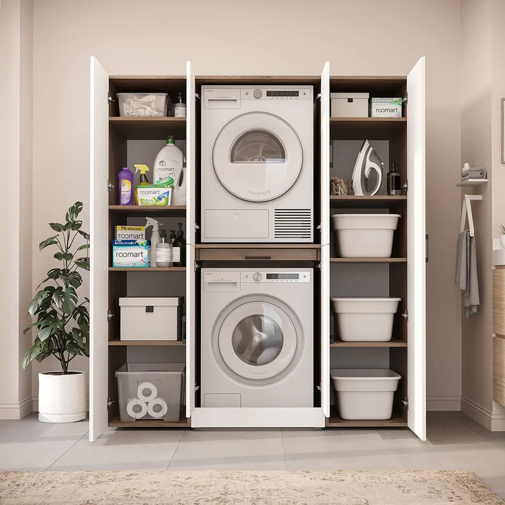 Roomart Waschmaschinenschrank - DORA-I- 160 cm breit - Wasch- & Trocknerschrank mit 2 Hochschränken, Türen & Ausziehbrett, Waschmaschinen-Überbau für Waschküche & Hauswirtschaftsraum • Weiß-Eiche – Bild 4