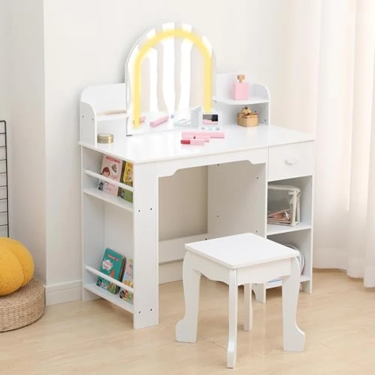 GarveeLife Schminktisch für Kinder mit Hocker und LED-Spiegel, Kleiner Schminktisch mit Schublade und 1 offenen Fächern, für Mädchen von 3-6 Jahren, weiß, inklusive Zubehör – Bild 4
