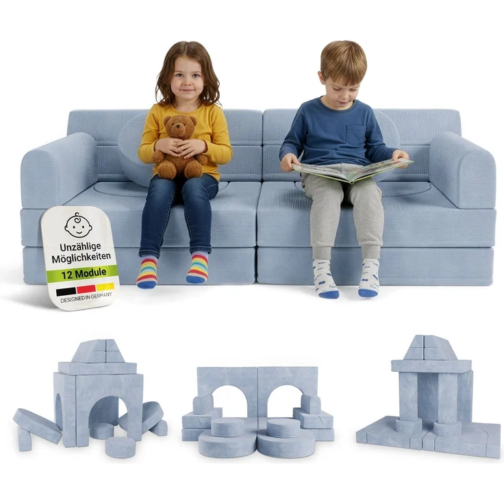 Juskys Kindersofa Kayo –Cord, modular & weich, Sofa für Kinderzimmer & Spielzimmer, sicher, flexibel, pflegeleicht, mit abnehmbaren Bezügen – Hellblau – Bild 1