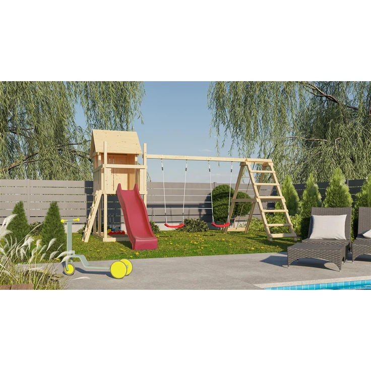 Karibu Kinderspielhaus Frieda Set Aktion2 naturbelassen mit Anbau, Doppelschaukel, Klettergerüst und Rutsche rot – Bild 5