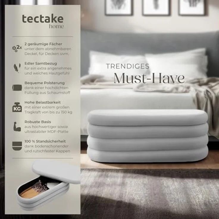 tectake® Sitzbank mit Stauraum, Scandi Samt Sitzhocker, Hocker mit Stauraum, Pouf, Polsterhocker, Sitztruhe, Truhe mit Deckel, Truhenbank mit Stauraum, Möbel Wohnzimmer - Samtoptik grau – Bild 4