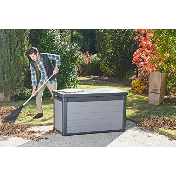 Ambia Garden Kissenbox, Anthrazit/Grau, wetterbeständige Kunststoffbox, 122.9x70.6x62.1 cm, aufklappbarer Deckel, geeignet zum Sitzen, mit Gasdruckfeder – Bild 6