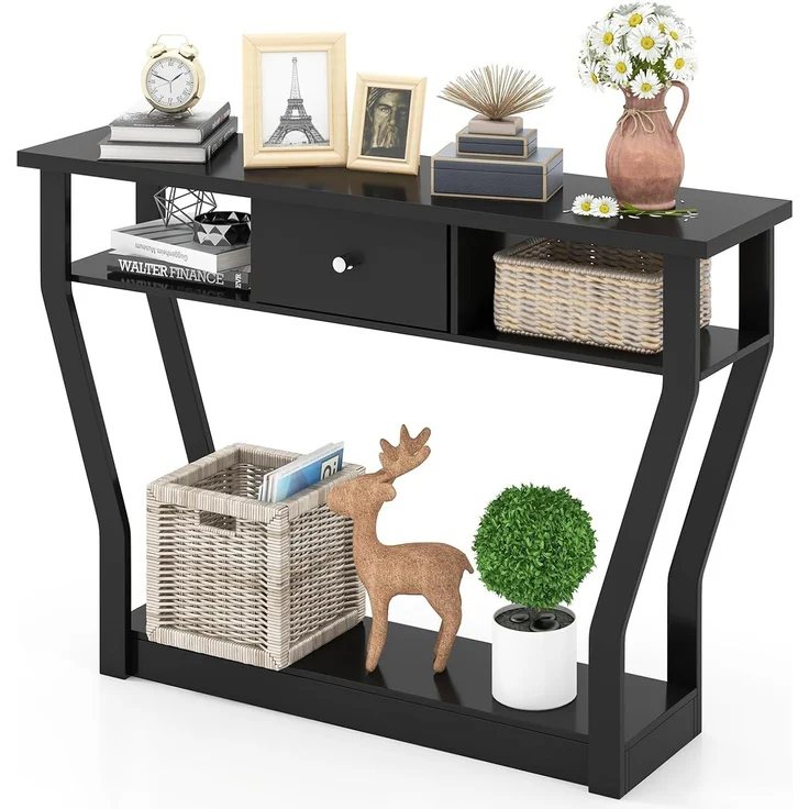 COSTWAY Konsolentisch mit Schublade und Regal, Flurtisch aus Holz, Eingangstisch Beistelltisch für Eingang, Wohnzimmer Schlafzimmer 120 x 30 x 81 cm (Schwarz)
