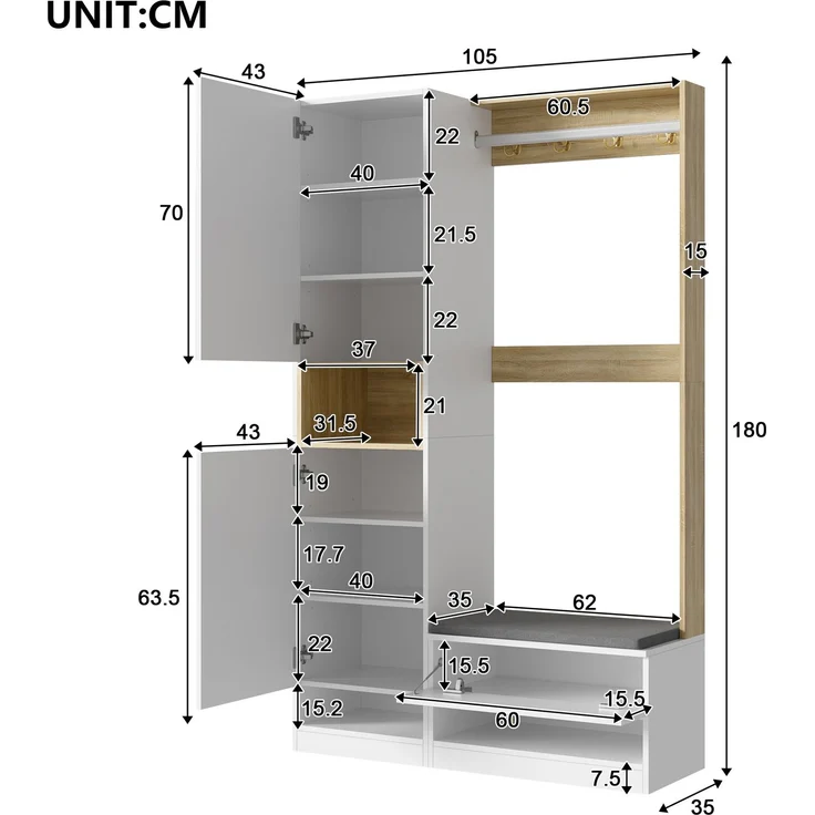 Garderoben-Set B 105 x T 35 x H 180 cm aus Spanplatte mit Sitzbank, Spiegel und LED-Beleuchtung – Bild 5