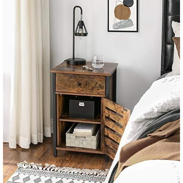 Nachttisch, Beistelltisch mit Schublade, Klapptür, Beistelltisch mit verstellbarer Ablage, Metallrahmen, Industriestil, – Bild 2