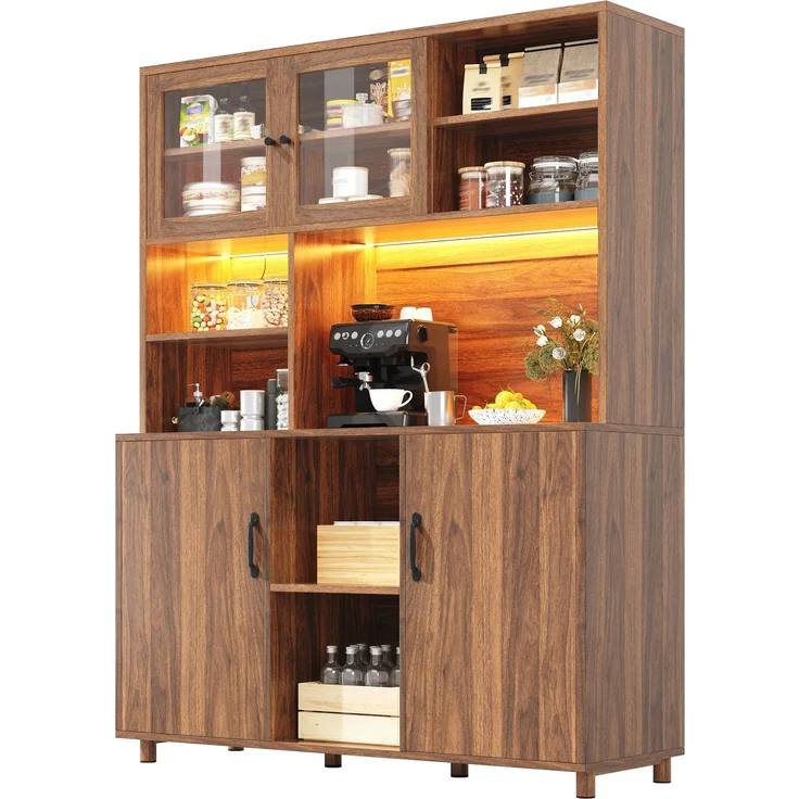 Hochschränke fürs Wohnzimmer(140×40×185cm), Küchenschrank,Esszimmerschrank,Schränke mit LED-Beleuchtung, Schranktür mit Snackablage,Retro-Stil, Walnussfarbe--Walnussbraun--140x40x185cm--YOUDENOVA – Bild 7
