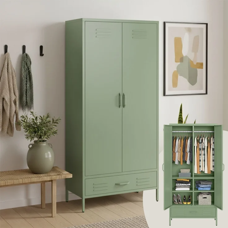 skølm 'Atria' Kleiderschrank mit Schublade, Metall, 170x45x80 cm, grün, Garderobe mit 4 Fächern und 2 Kleiderstangen – Bild 1
