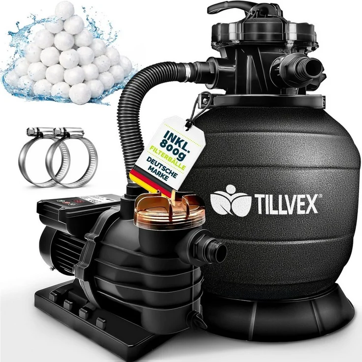 tillvex Sandfilteranlage 10 m³/h Filteranlage + 800g Filterbälle 7-Wege Ventil Poolfilter, Filterkessel mit Druckanzeige Sandfilter für Pool und Schwimmbecken – Bild 1