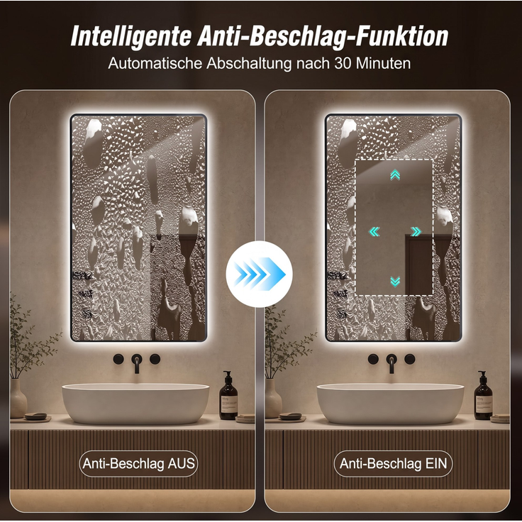 LED-Badezimmerspiegel 60x100 cm mit Aluminiumrahmen, Anti-Beschlag, Schwarz, horizontal/vertikal – Bild 6