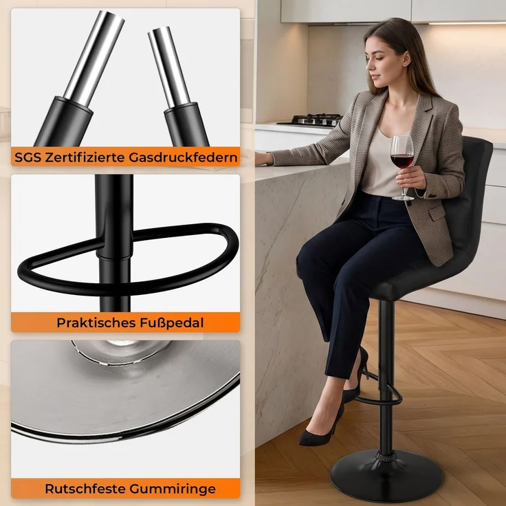 Botifly 2er Set Barhocker Schwarz Kunstleder, Höhenverstellbar 60-80cm, 360° Drehbare Barstühle mit Fußstütze, SGS-zertifizierte Gasdruckfeder, für Küche, Bar & Theke – Bild 5