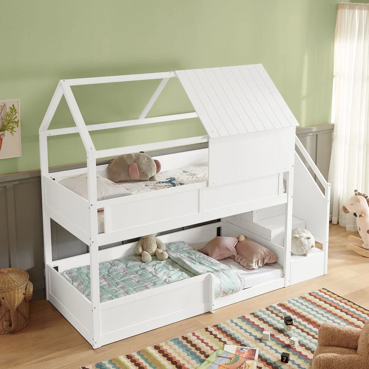 Etagenbett 80×200 cm mit Rausfallschutz und Treppe, Massivholz, Weiß, ohne Matratze – Bild 3