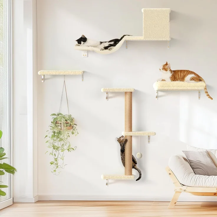 FUKUMARU Kletterwand Katzen Set, 10-teilig Katzen Kletterwand Set, aus robuster Multiplexplatte，Hängematte Katze mit Katzenhaus, Katzenbrücke, Katzenbaum, Katzentreppe bis zu 18 kg, Beige – Bild 1