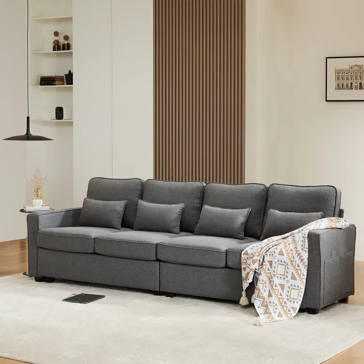 Big-Sofa, 264 cm, 4-Sitzer inkl. loser Zier- und Rückenkissen, Leinen Bezug, Polstersofa, Wohnzimmersofa – Bild 3