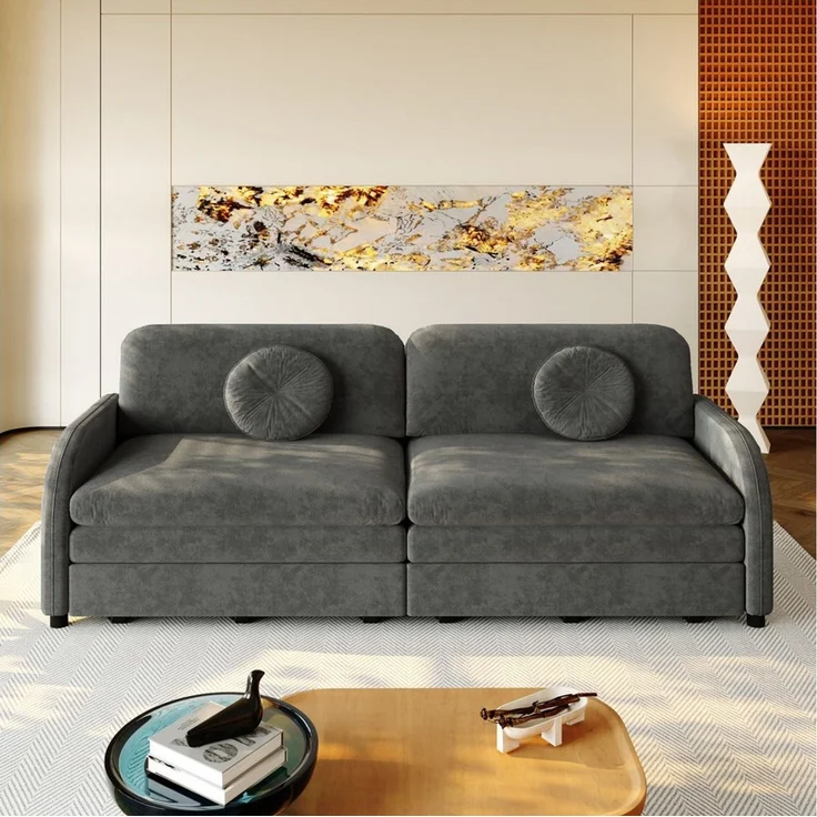 i@home 2-Sitzer 206 cm ausziehbares Sofa mit Schlaffunktion,3-in-1 Schlafsofa,Grau, mit Kissen und Stautaschen an beiden Seiten, Chenille, 206 x 84 x 90 cm – Bild 1