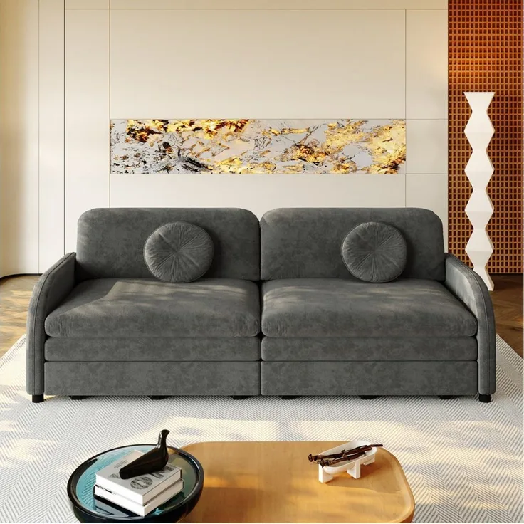 i@home 2-Sitzer 206 cm ausziehbares Sofa mit Schlaffunktion,3-in-1 Schlafsofa,Grau, mit Kissen und Stautaschen an beiden Seiten, Chenille, 206 x 84 x 90 cm
