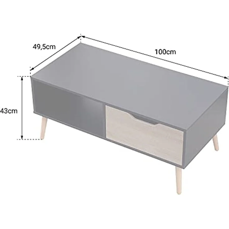 Happy Garden Couchtisch mit Schublade, skandinavischer Stil, Grau, Freja, Wohnzimmertisch aus Holz, mit Stauraum, rechteckiger Tisch mit Holzbeinen. – Bild 4
