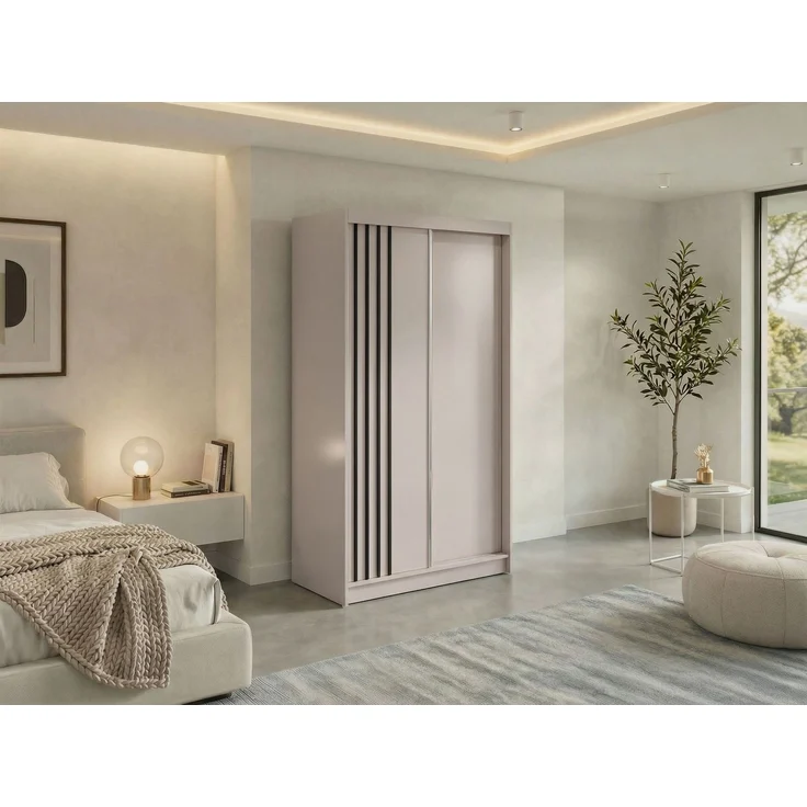 Schwebetürenschrank NAURU mit Lamellen-Optik, moderner Kleiderschrank, Breite 120 cm, inkl. Innenausstattung & Stauraum, Akustikpaneel-Design - Kaschmir und Schwarz – Bild 1