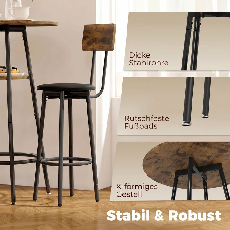 Industrie-Bartisch-Set mit 2 gepolsterten Hockern, Fußstützen, Metallrahmen, Küchentisch mit Ablage, Rustikal Braun--Rustikal Braun--91x60x60cm--YOUDENOVA – Bild 8