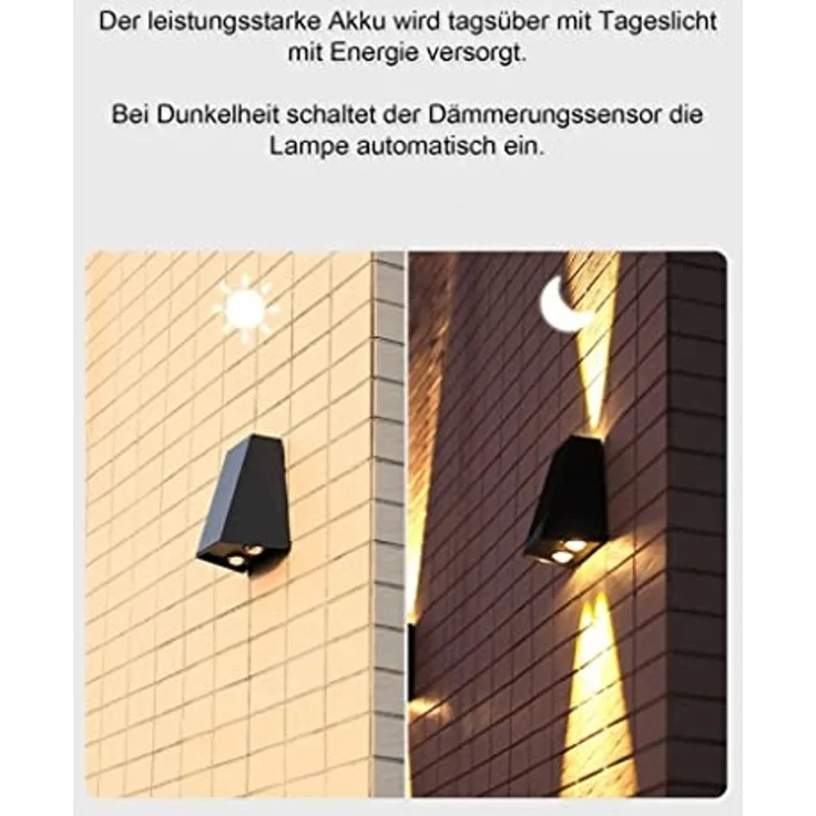 Arnusa LED Außen-Wandleuchte Solar Wandleuchte Wandstrahler Wandlampe LED UP-Down kabellos, Tageslichtsensor, LED fest integriert, Warmweiß – Bild 5