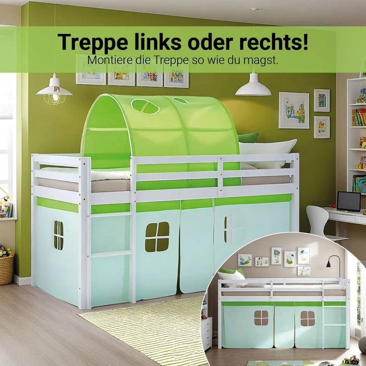 Hochbett Kinder 90x200 cm mit Lattenrost Kinderbett Kinderhochbett Stockbett Tunnel Vorhang Grün Holz Massiv – Bild 6