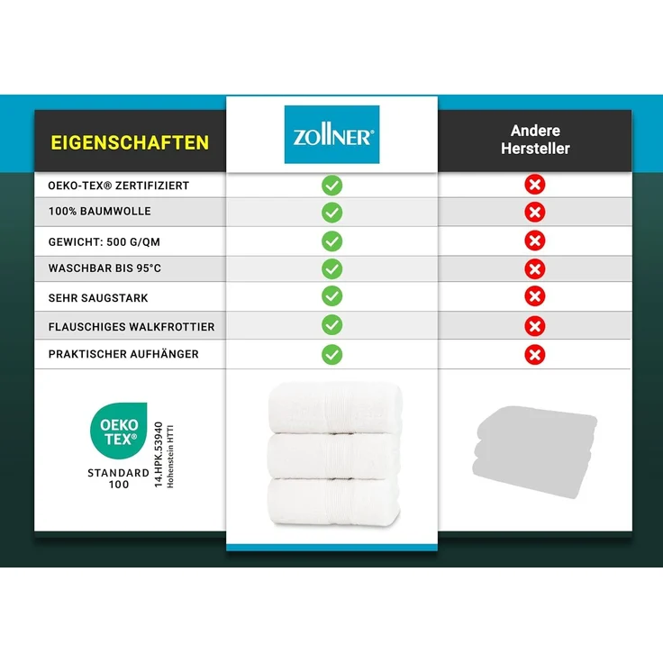 ZOLLNER 3er Set Duschtücher, 100% Baumwolle, 70x140 cm, weiß – Bild 6