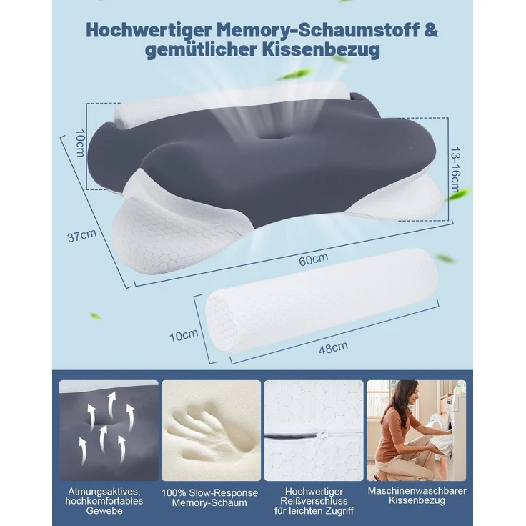 Nackenstš¹tzkissen Kopfkissen, 2 in 1 Kissen mit Nackenrolle, Ergonomisches Memory Foam Kissenbezug besteht aus 18% Elasthan und 82% Nylon – Bild 7