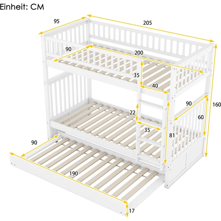 Etagenbett 90x200 cm mit Ausziehbett und Treppe, Kinderbett mit hoher Absturzsicherung,abnehmbares Massivholzbett mit stabilem Rahmen,Weiß – Bild 7