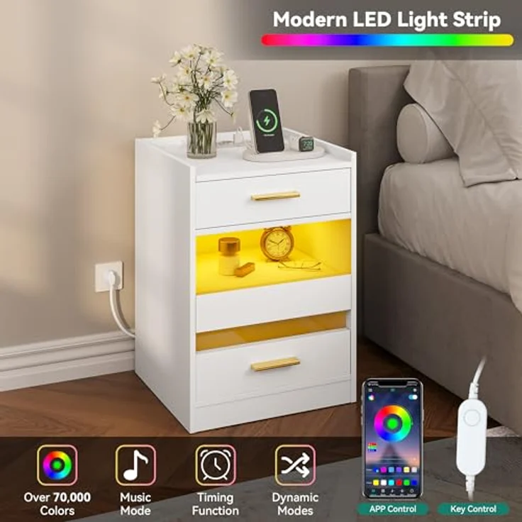 YITAHOME Nachttisch, Beistelltisch mit LED-Lichtern und Ladestation, Nachttischschrank Nachttisch mit Aufbewahrungsschubladen für Wohnzimmer Schlafzimmer, 40 x 40 x 60 cm, Weiß – Bild 4