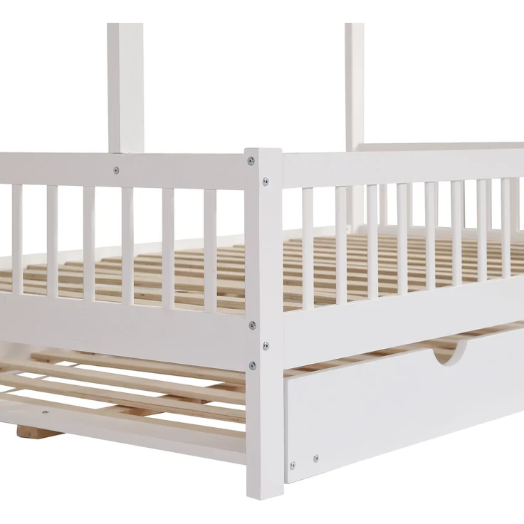Hausbett Kinderbett 120x200 mit Rollbett Dach Kaminleiste Kiefer MDF Lattenrost weiß Jugendbett Schlafplatz – Bild 10