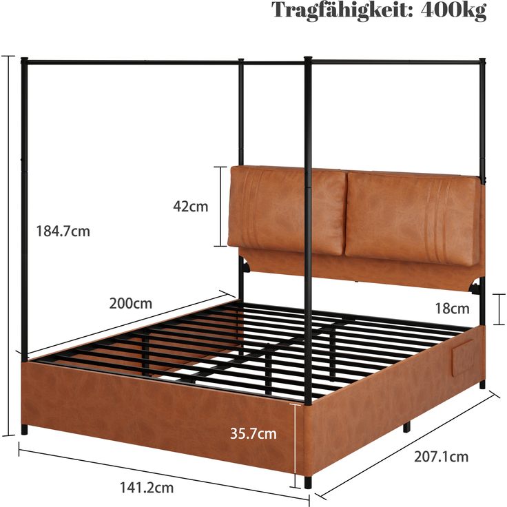 Himmelbett 140×200 cm mit abnehmbaren Baldachin-Säulen und Metallrahmen, Braun – Bild 4