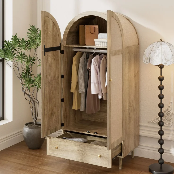 DESVIAE Garderobenschrank mit Stofftüren und Schubladen 79x175x50 cm MDF Eichenoptik – Bild 4