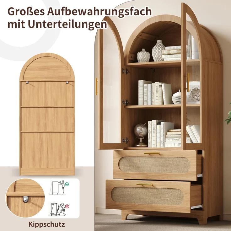 Vitrine 80 x 40 x 175 cm in Holzoptik mit Glastüren, Rattanfronten und 2 Schubladen – Bild 7