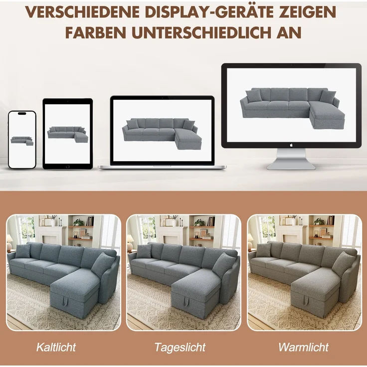 DESVIAE Sofa L-Form Grau aus Leinenoptik – 274x83x128,5 cm – Stauraum-Chaiselongue – Bild 5