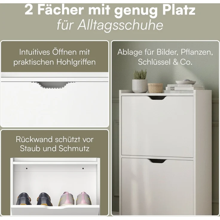 Bellamio 'Ceyhan' Schuhschrank mit 2 Klappen, schmales Schuhregal, weiß, 50x19x90 cm, Schuhkipper für 4 paar Schuhe – Bild 3