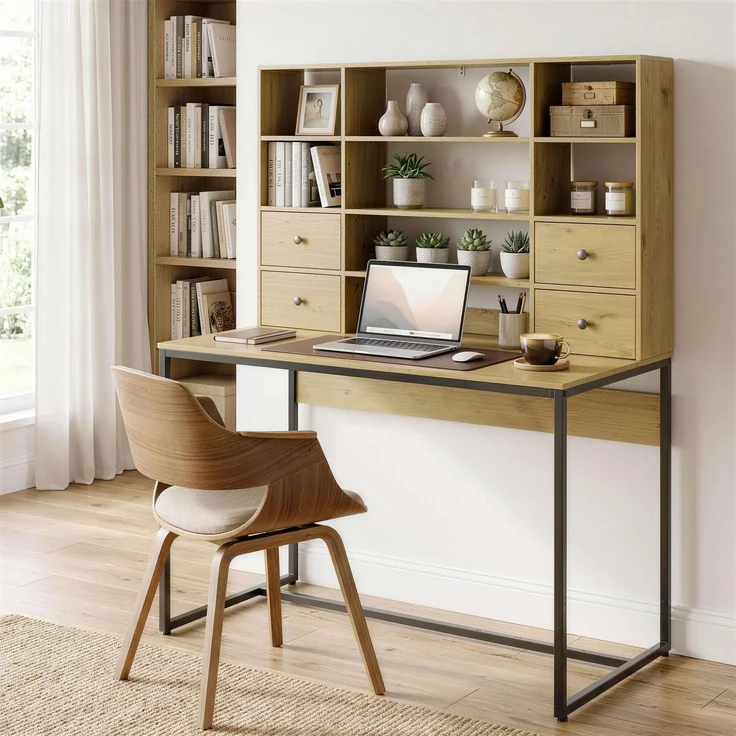 MELAYR, Computertisch mit 4 Schubladen, 105 x 60 cm, Schreibtisch mit Stauraum, Offene Regale, 105 x 60 cm, Naturholz – Bild 4
