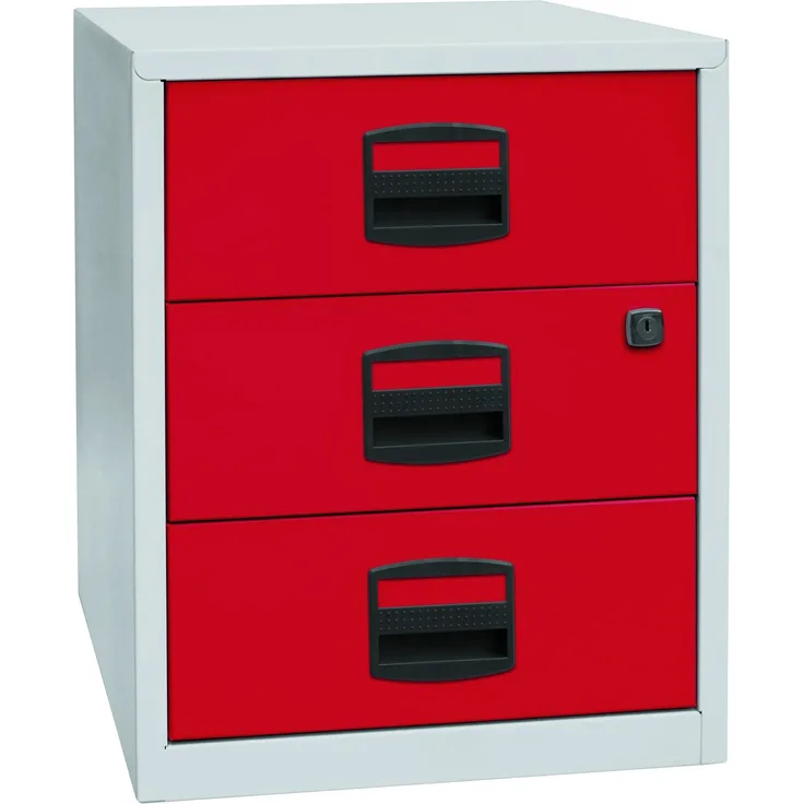 Bisley Home Beistellschrank auf Rollen mit Schloss aus Stahlblech, 3 Universal-Schubladen abschließbar - Büroschrank für DIN A4 Dokumente, Kleinteile & Büromaterial - Farbe: grau/rot, PFAM3S-506