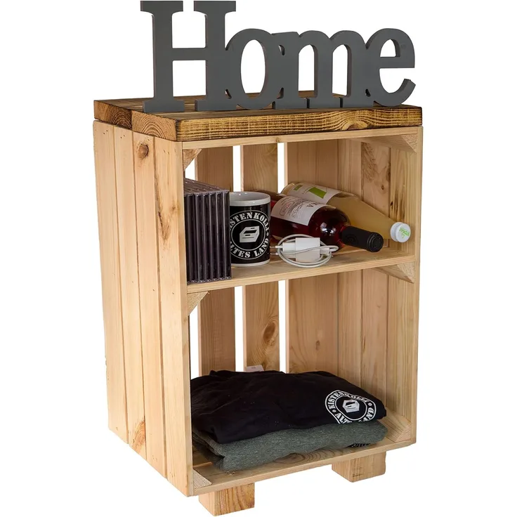 Nachttisch Abstelltisch weiß/Natur/geflammt Maße ca 30 x 40 x 55 cm Regalkiste Flaschenablage Weinregal Apfelkiste/Weinkiste (Natur mit geflammter Planke)