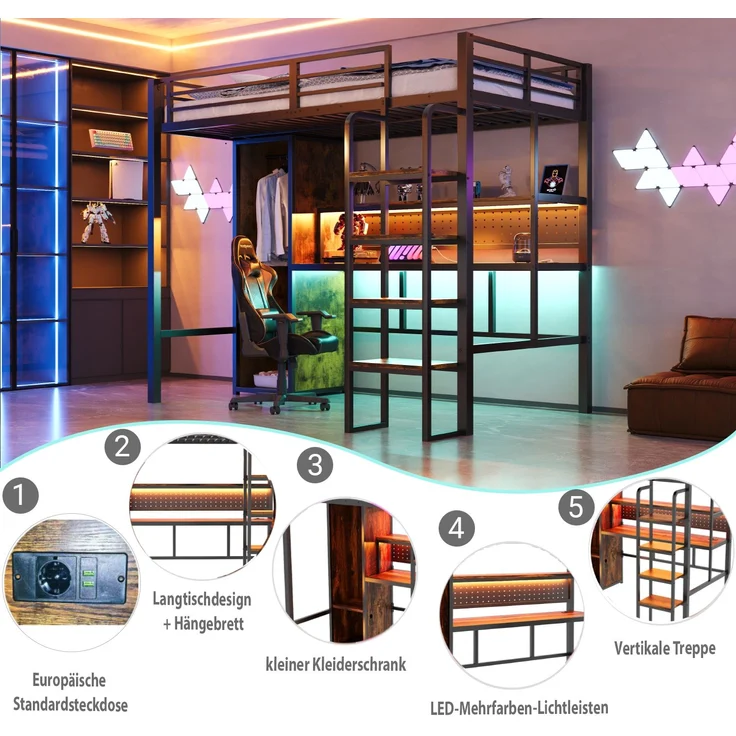 EINHOM Metall-Hochbett, 90 x 200 cm. Vertikale Treppe, mit Großem Schreibtisch mit Stecktafel, Mehrfarbiger LED-Lichtleiste, Einstöckigem Regal, Einzelkleiderschrank, Einzelbett, Schwarz (Ohne Matratze) – Bild 6