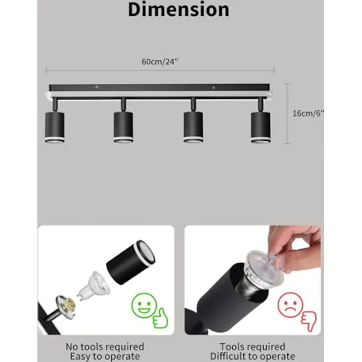 LVWIT LED Deckenstrahler Deckenlampe Schwarz, 4 Flammig GU10 Deckenleuchte 350° Schwenkbar Strahler Spots Innen Deckenspot Flurlampe Lang für Wohnzimmer Küche Schlafzimmer Ohne Leuchtmittel – Bild 7