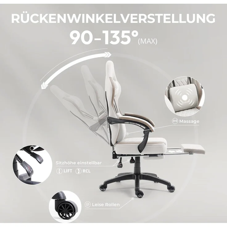 Dowinx Gaming Stuhl Stoff Massage Sessel Fußstütze Beige 150 kg ergonomisch – Bild 6