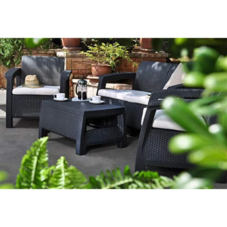 Keter Allibert Corfu Lounge Tisch, graphit, wetterfest, pflegeleicht, 77x57x42 cm, Rattanoptik – Bild 5