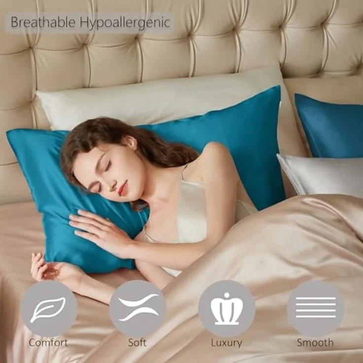 townssilk Beidseitig 100% 19momme Pure Maulbeerseide Kissenbezug für Haar und Haut Gesundheit, 1 Stück 40x70 cm Größe Kissenbezug Seide,verstecktem Reißverschluss 600 Fadenzahl peacockblue – Bild 1